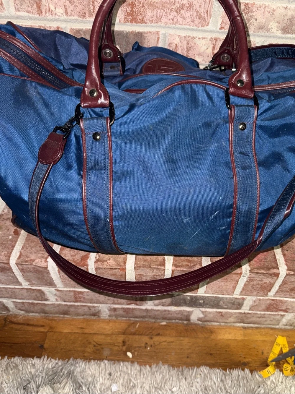 YSL Leather-Trim Navy Duffel Bag with Burgundy Accents